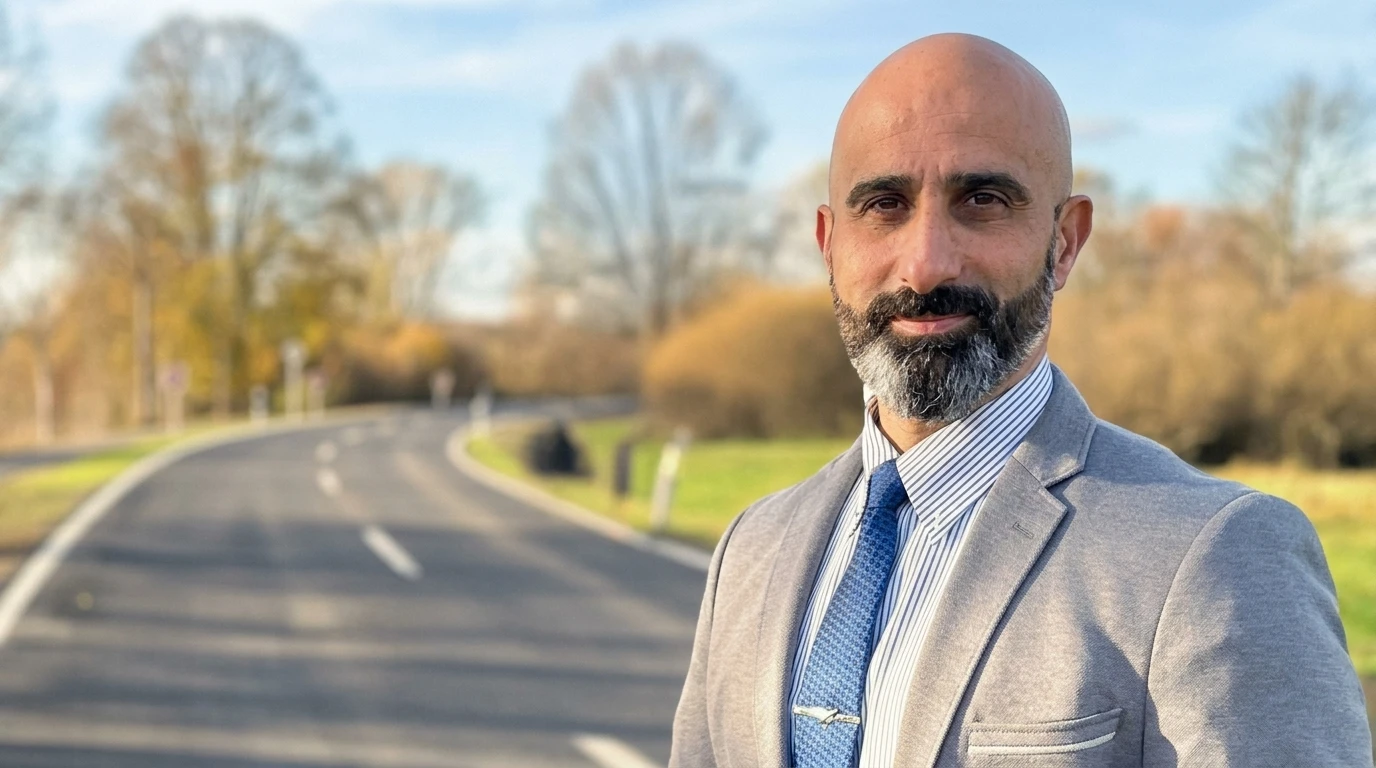Nader Samadi Tehrani steht am Rand einer Landstraße in der Verbandsgemeinde Landstuhl, dahinter herbstliche Bäume und Felder.